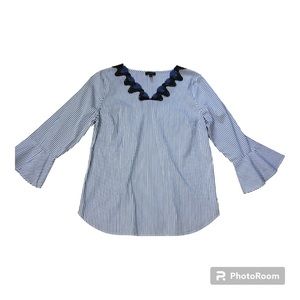 Talbots blue/ white striped top size SMALL 3/4 bell sleeves popover lace